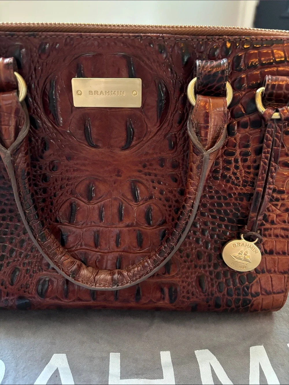 Brahmin Croc-Embossed Satchel in Pecan/Brown with Gold Hardware